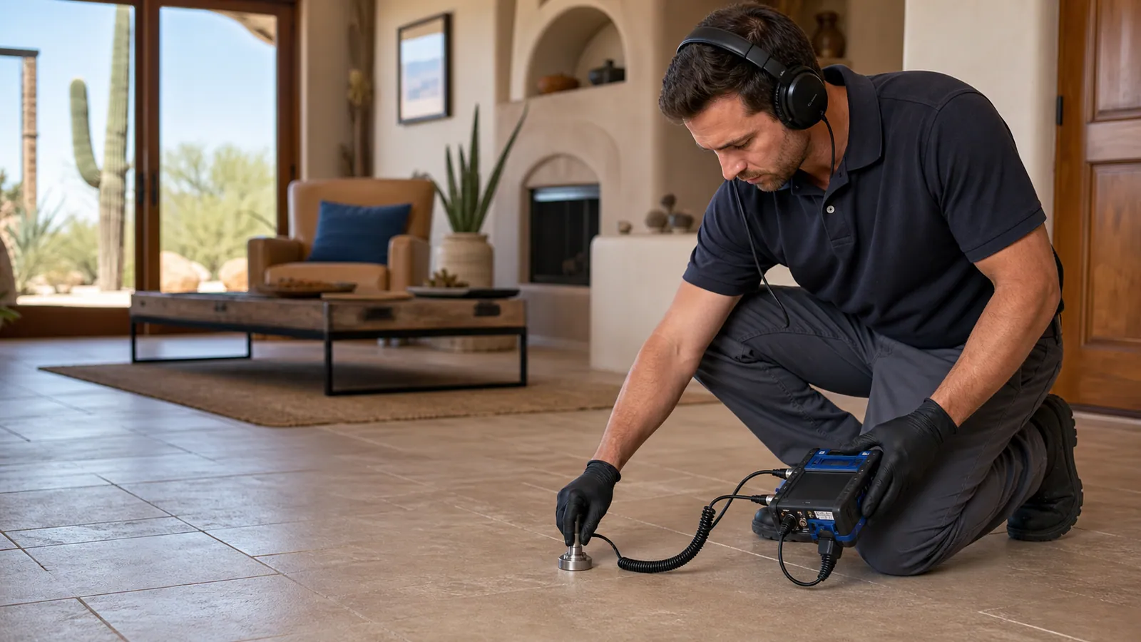 Leak-detection technician listening to a tiled floor with acoustic equipment