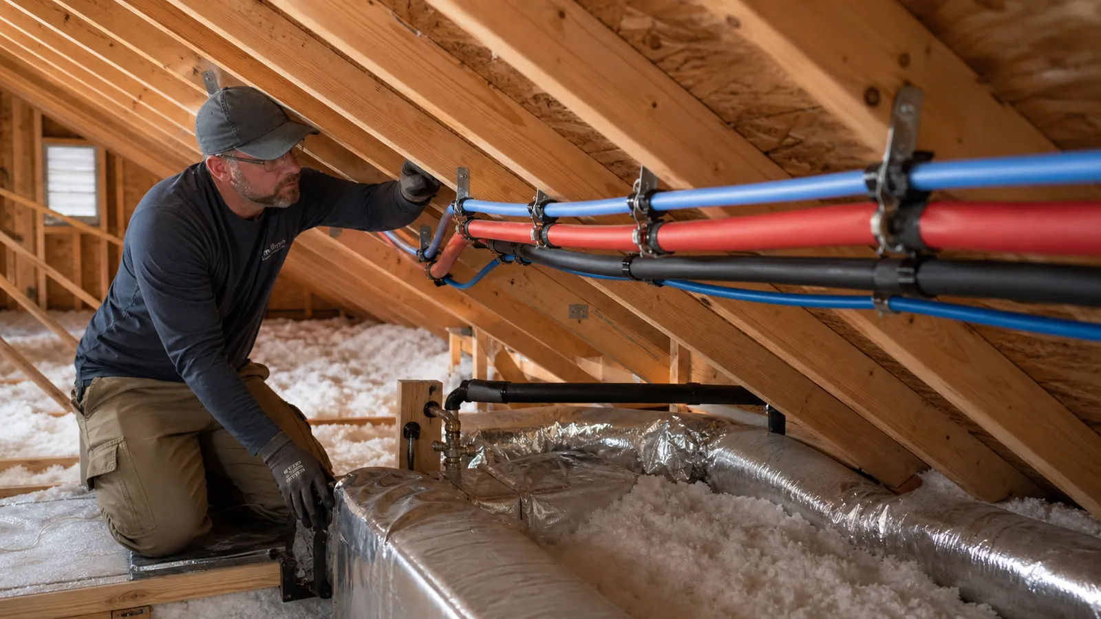 Properly supported and insulated PEX water lines in a Tucson attic