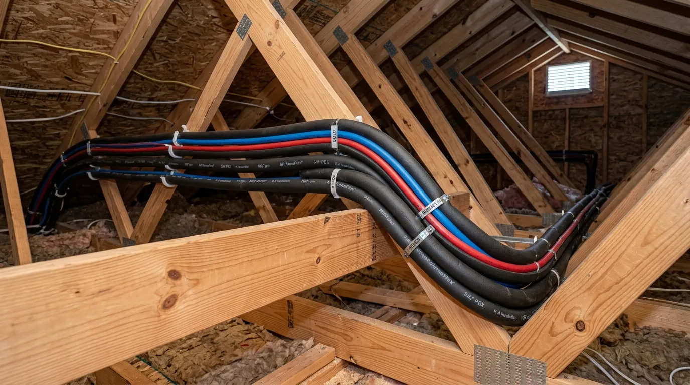 Insulated water lines routed neatly through a hot Tucson attic