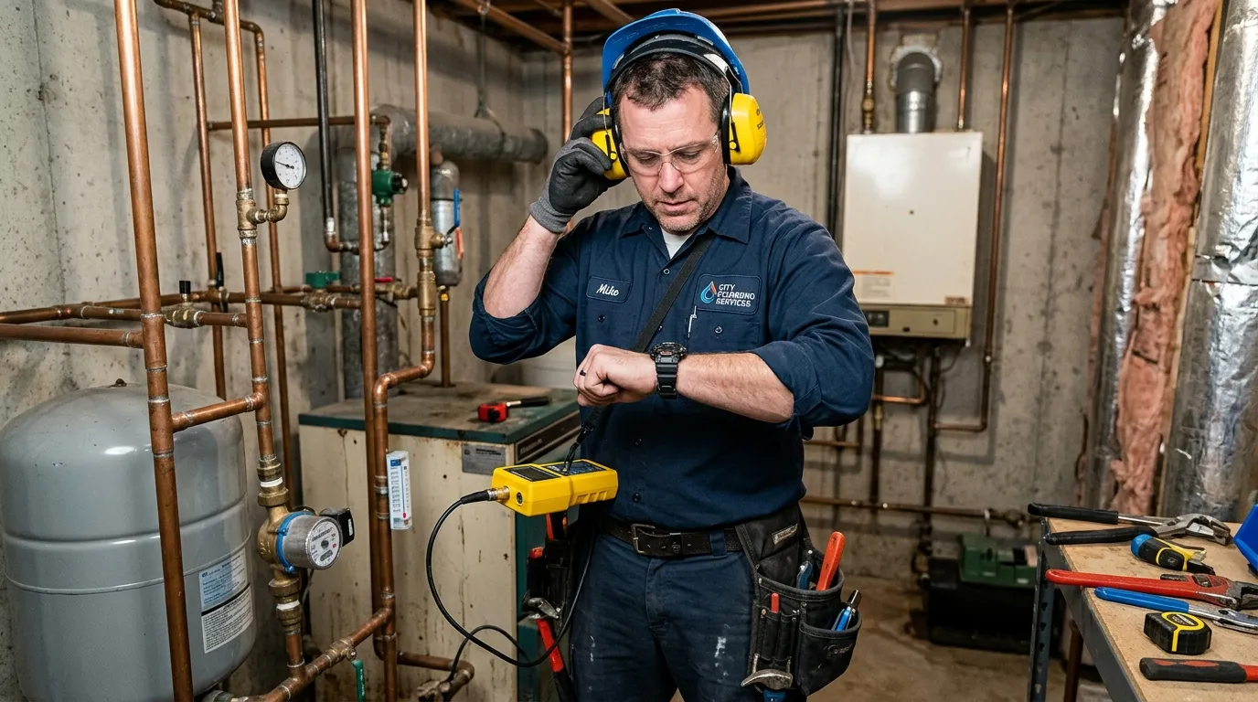 Technician reviewing a plumbing route during a slab-leak inspection