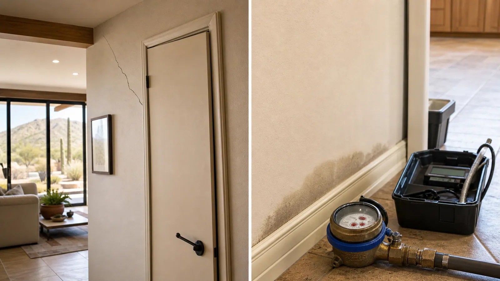 Foundation crack beside a water meter and damp tile comparison