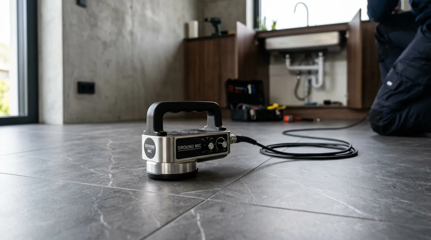 Technician scanning intact tile flooring for a hidden water line
