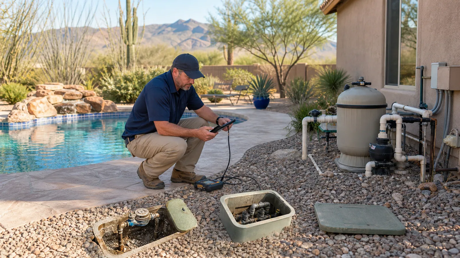Tucson home showing pool equipment, irrigation valve and interior slab