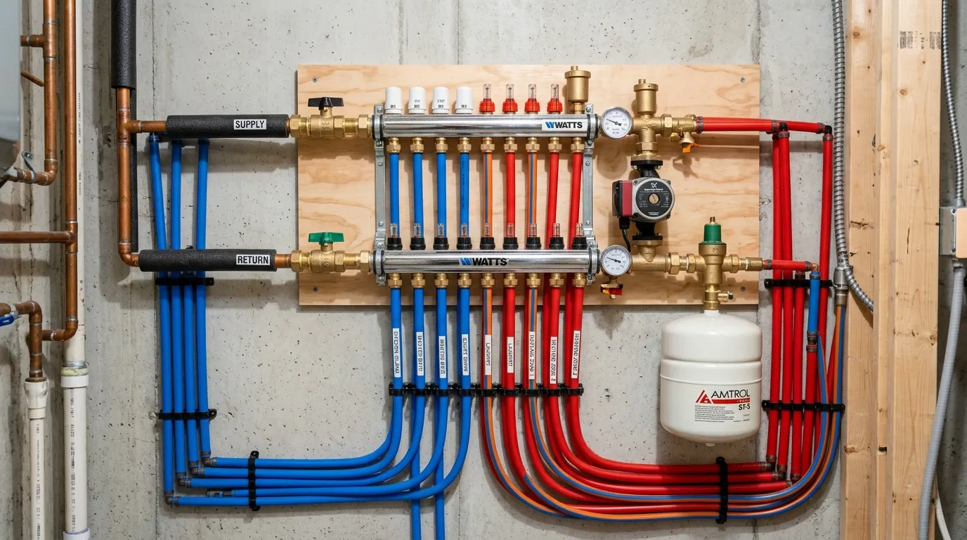 New PEX branch beside several repaired sections of older pipe