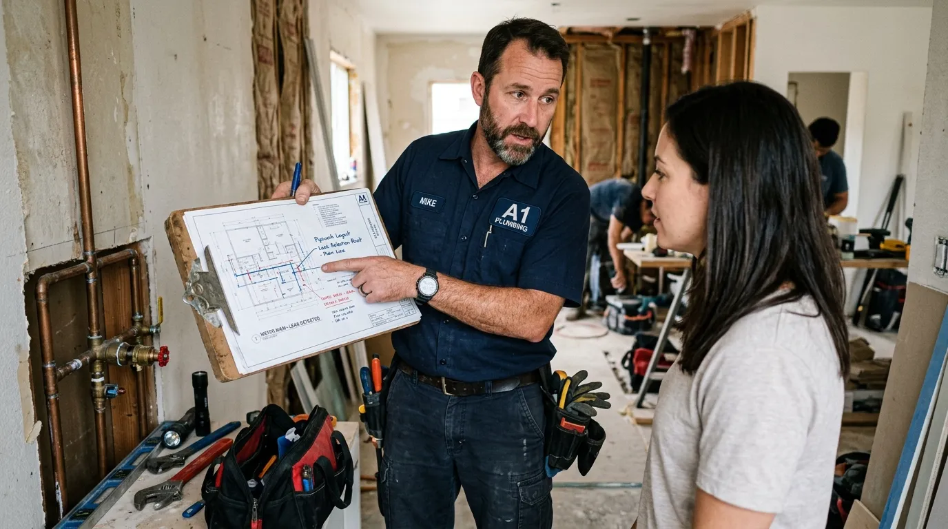 Leak-detection technician using acoustic equipment and a pressure gauge