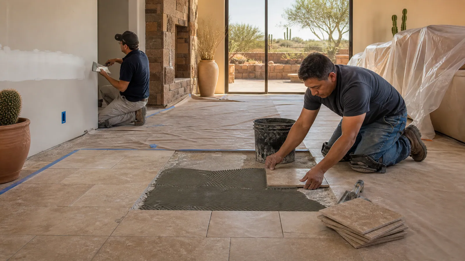 Restored tile, concrete patch and drywall after water-line repair