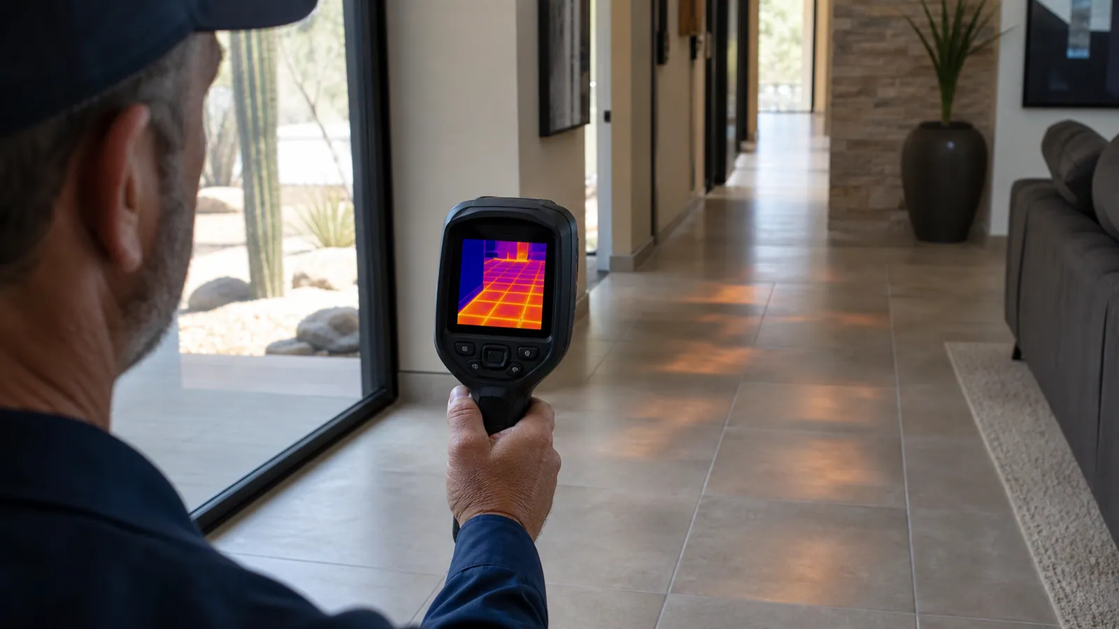 Thermal camera showing a warm path across tile flooring