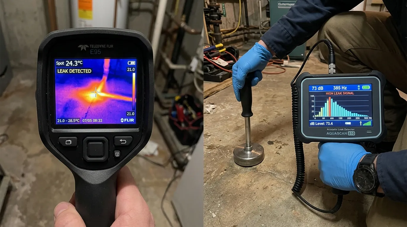 Thermal camera and acoustic sensor used to investigate a tiled floor