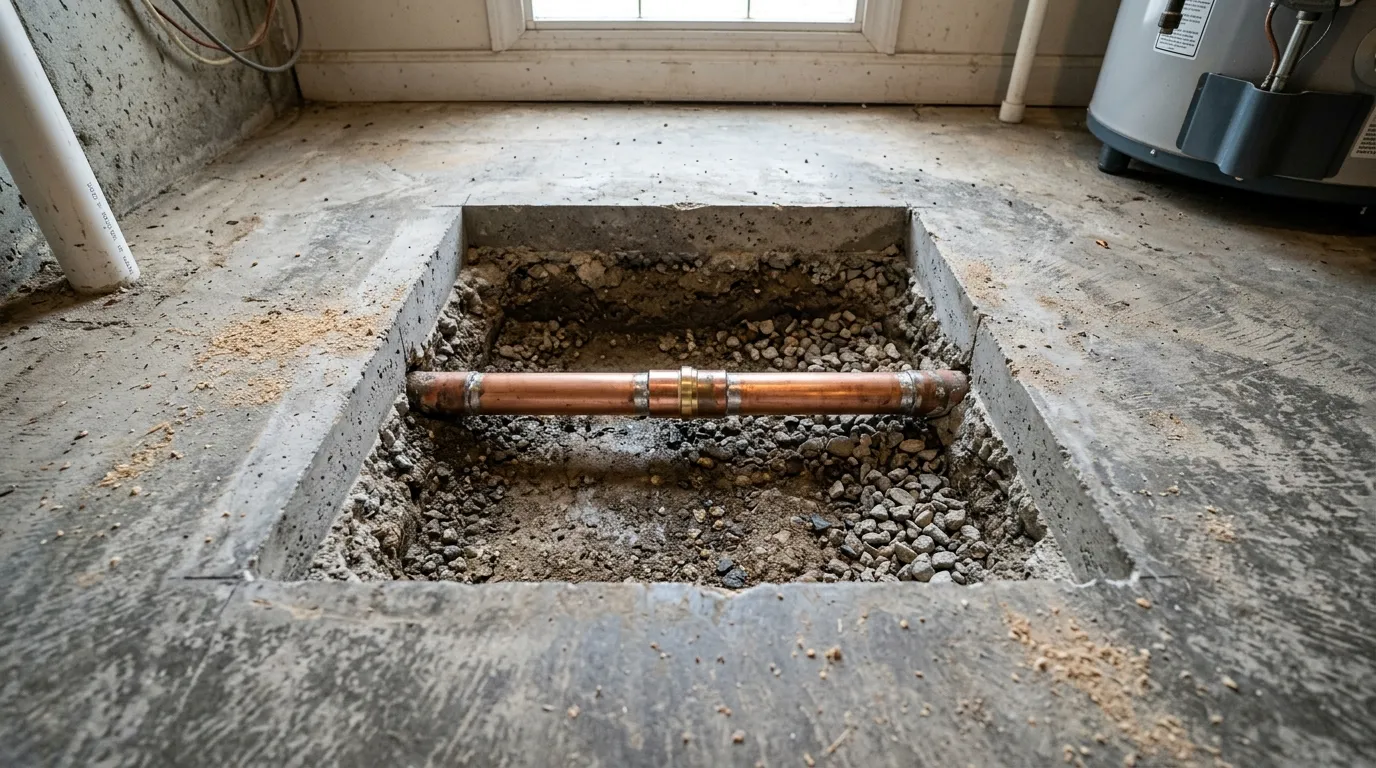 Controlled concrete opening exposing one failed water-pipe section