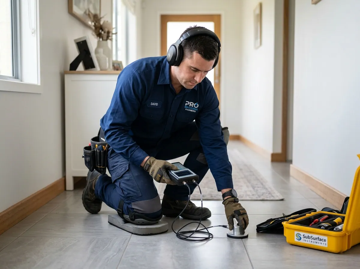 Professional plumber performing leak detection